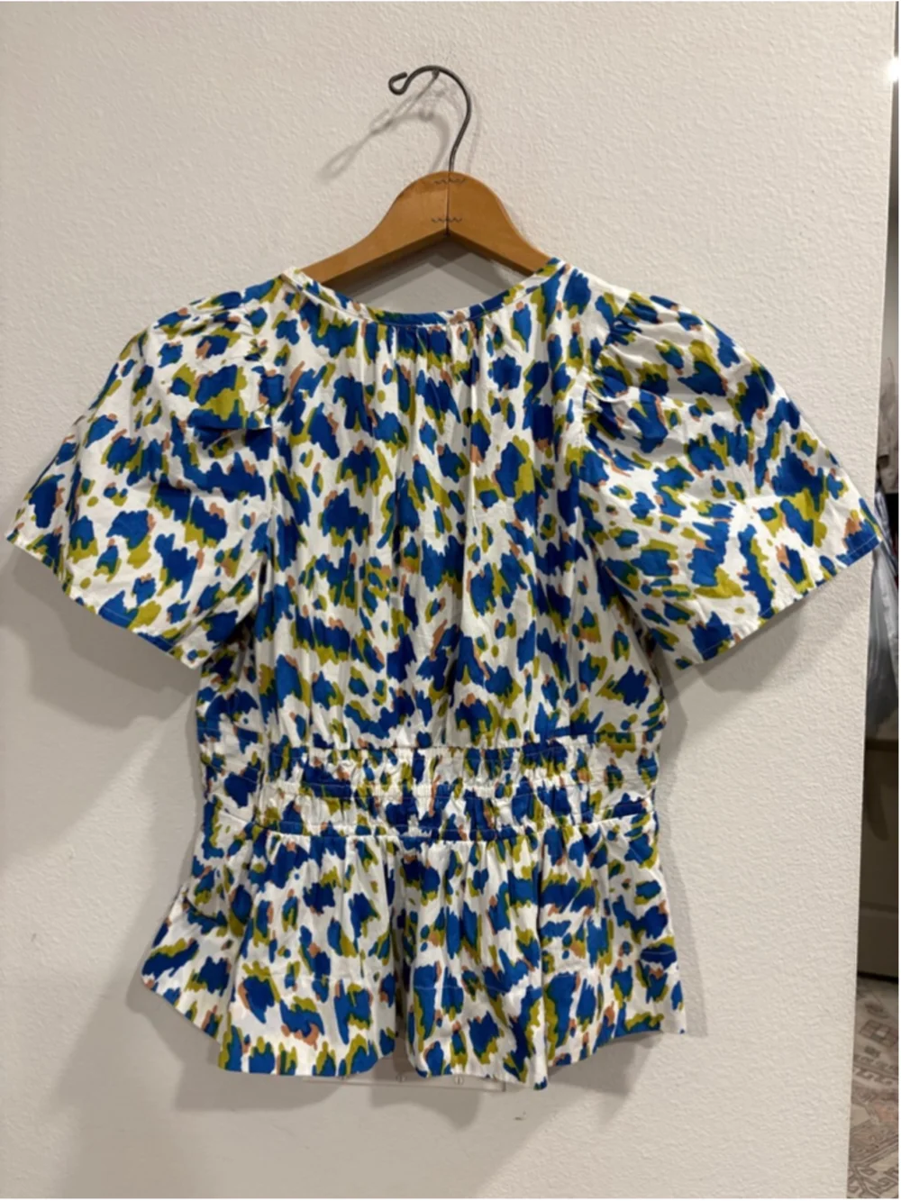 Anthropologie Somerset Puff Sleeve Smocked Waist Blouse Peplum Top Blue Small